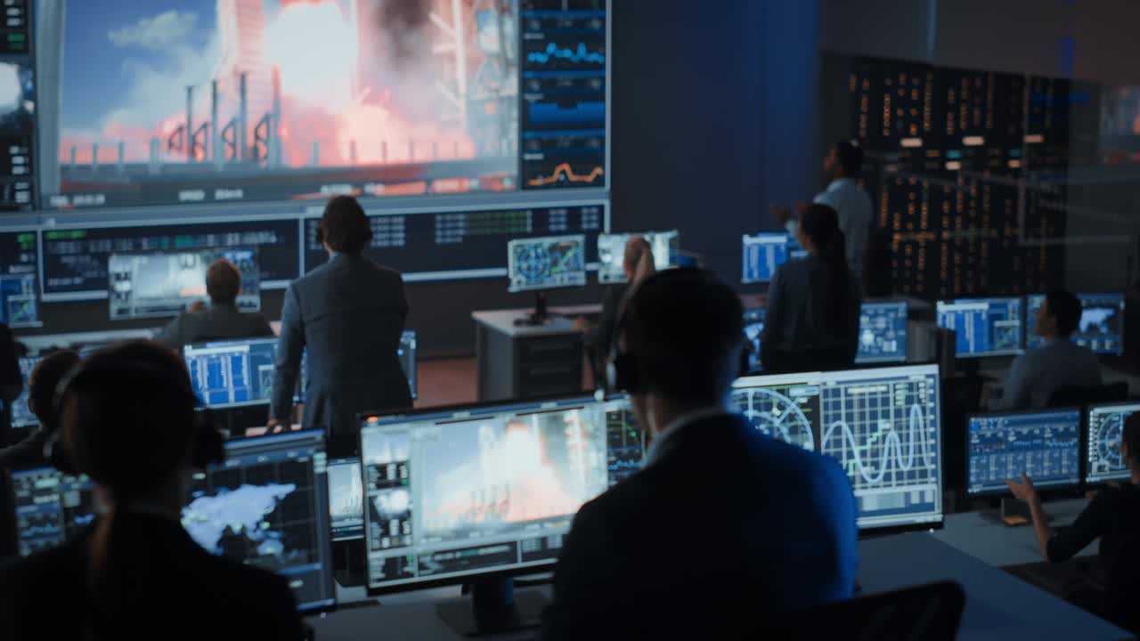 Group of People in Mission Control Center Witness Successful Space Rocket Launch. Flight Control Employees Sit in Front Computer Displays and Monitor the Crewed Mission. Team Stand Up and Clap Hands.