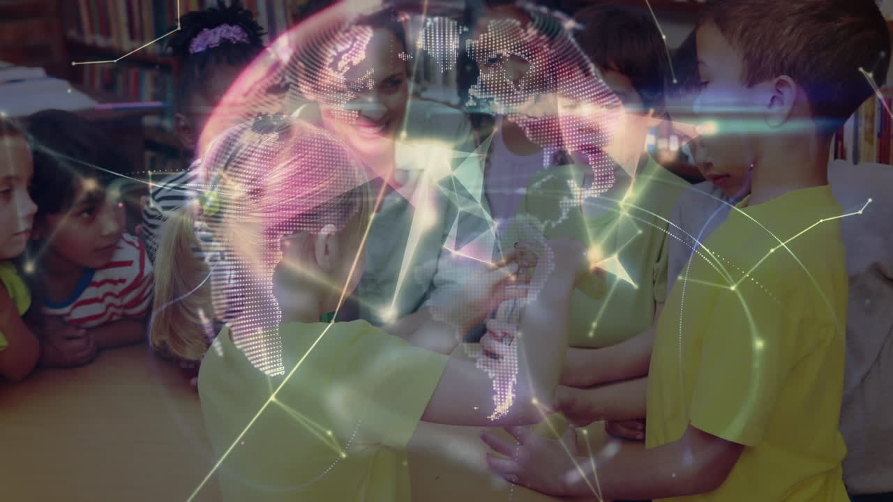 animación del globo digital sobre diversos maestros y escolares durante la clase de química