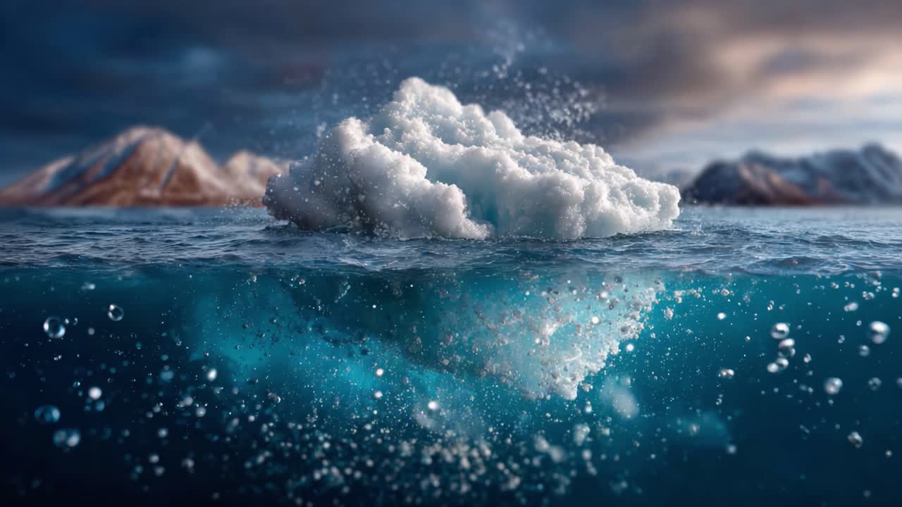 A Stunning Transformation of an Iceberg: Capturing the Majestic Beauty and Movement of Ice, Water Bubbles, and Reflections in a Serene Ocean Environment