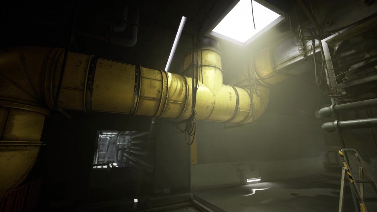 Dark hallway scene atmospheric corridor featuring fog and strong shadows