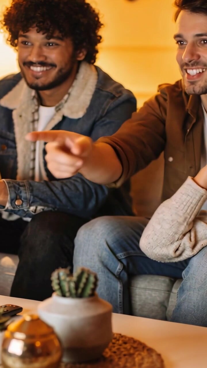 Vertical video: Pointing friends in denim and brown reacting to offscreen cue in living room plant