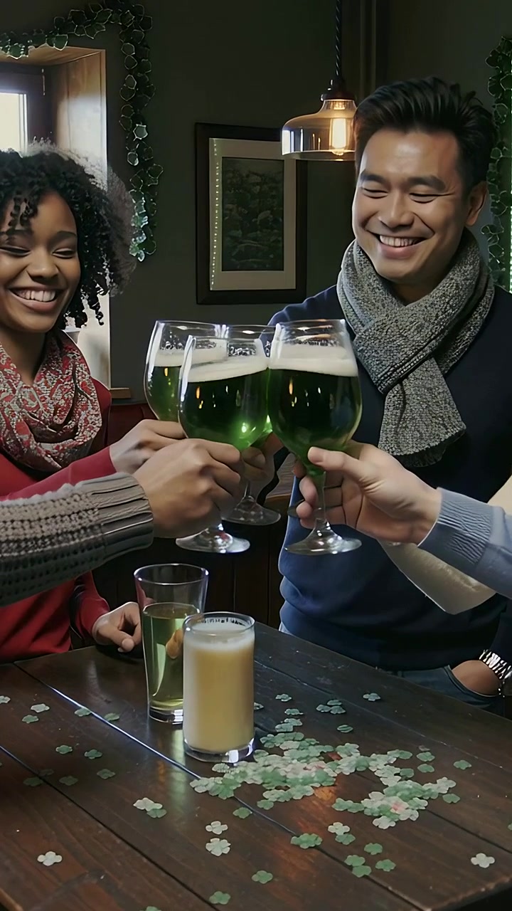 Vertical video: Clinking after toast group bringing green goblets at pub, shamrock confetti
