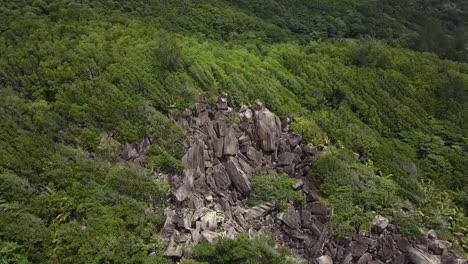 Landschaften-Auf-Der-Insel-La-Dique-Auf-Den-Seychellen,-Gefilmt-Mit-Einer-Drohne-Von-Oben,-Die-Das-Meer,-Felsen-Und-Palmen-Zeigen