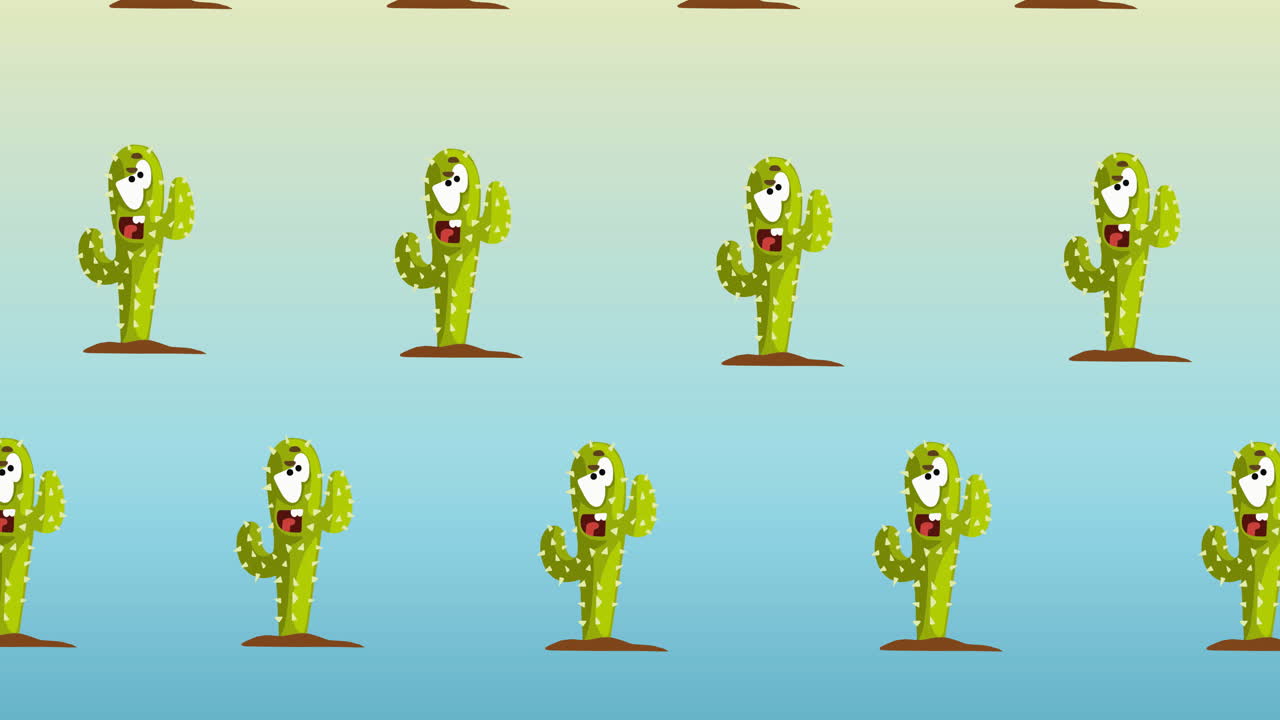 composición de filas de cactus con caras que se mueven sobre un fondo azul