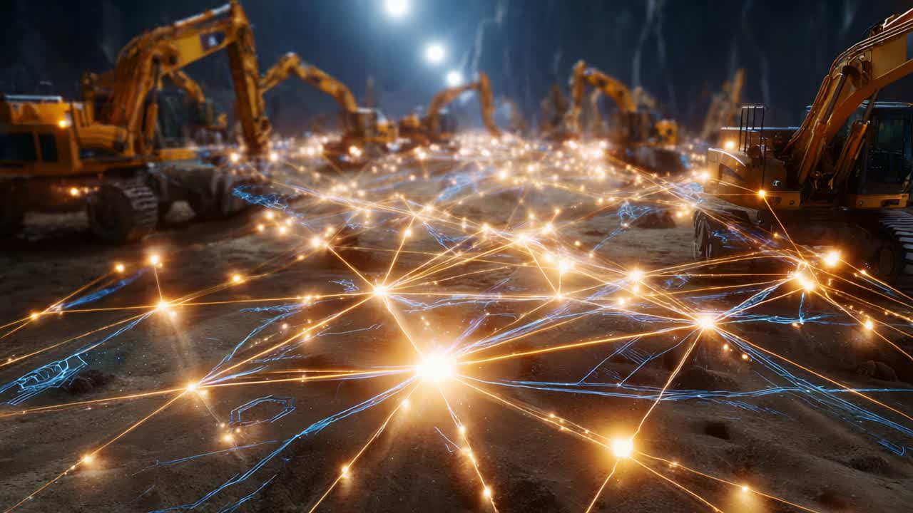 Illuminated Excavation: A Mesmerizing Display of Heavy Machinery and Vibrant Light Patterns Among Digging Equipment at a Construction Site