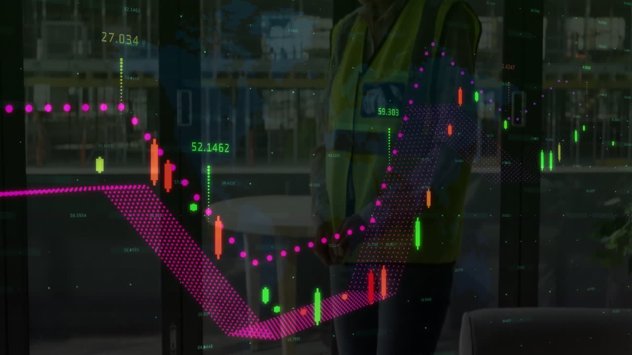 Stock market data animation over person wearing safety vest in office