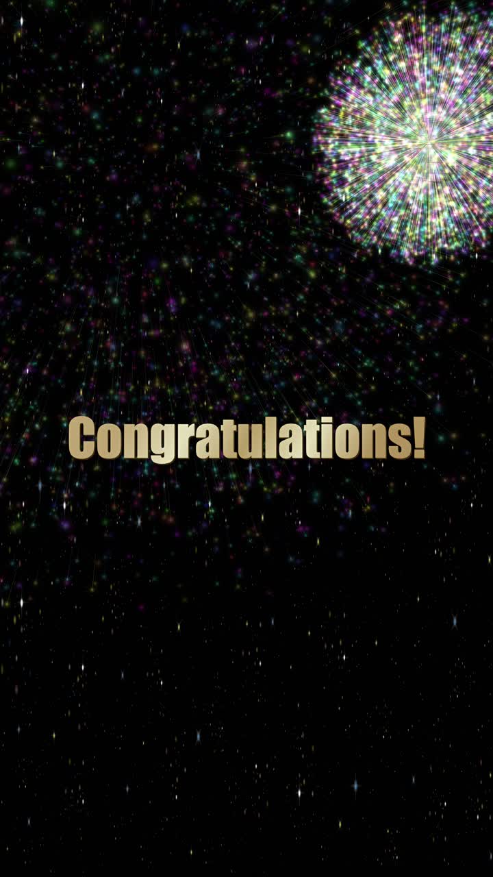 Vibrant fireworks explode across a dark starry sky while golden congratulations text remains centered