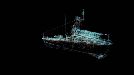 battleship hologram wireframe. nice 3d animation on a black background with a seamless loop for futuristics projects