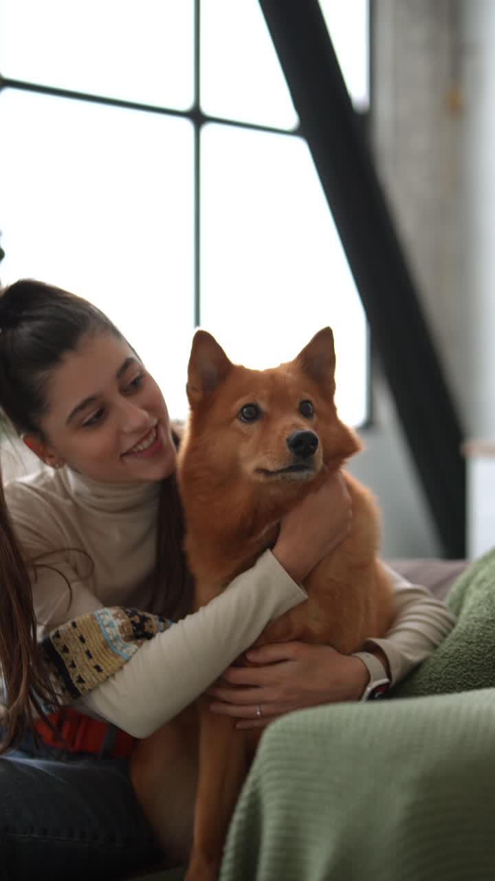 mujer abrazando a un perro spitz finlandés cerca de un árbol de navidad