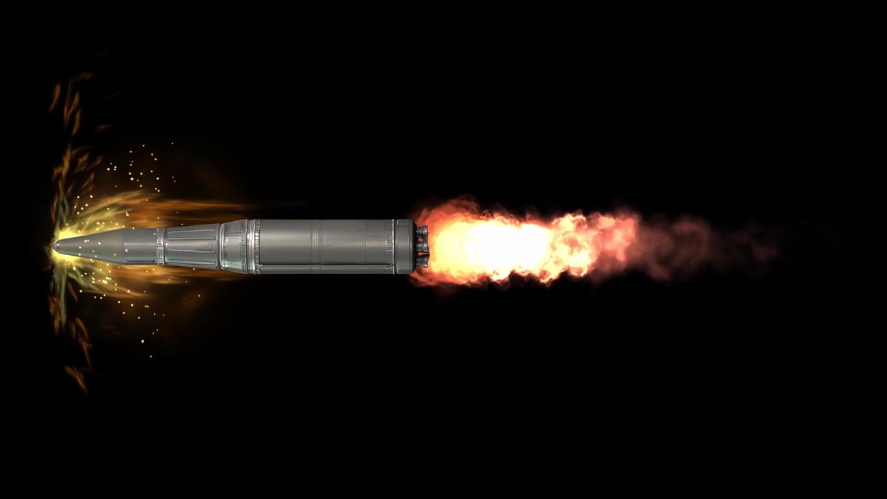 Design dettagliato in 3D di un missile nucleare futuristico 02, in lancio con potenti fiamme del razzo, scarico infuocato, scintille ed effetti energetici su sfondo nero. Ideale per concetti di tecnologia militare