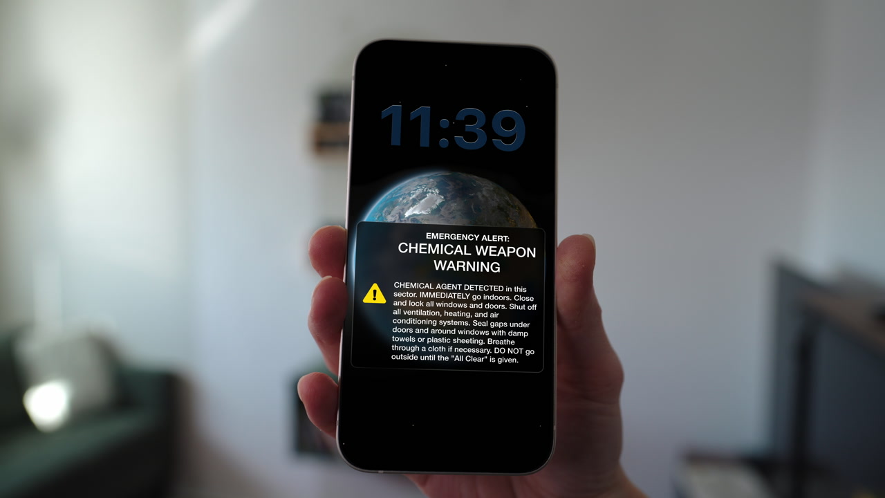 A toxic biological agent has been deployed against the public. This portrays a chemical weapon warning broadcast, perfect for representing warfare, terror attacks, and extreme hazardous emergencies.