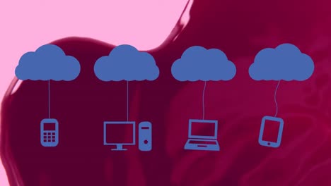 Animation-of-clouds-with-technology-devices-over-human-blood-on-pink-background