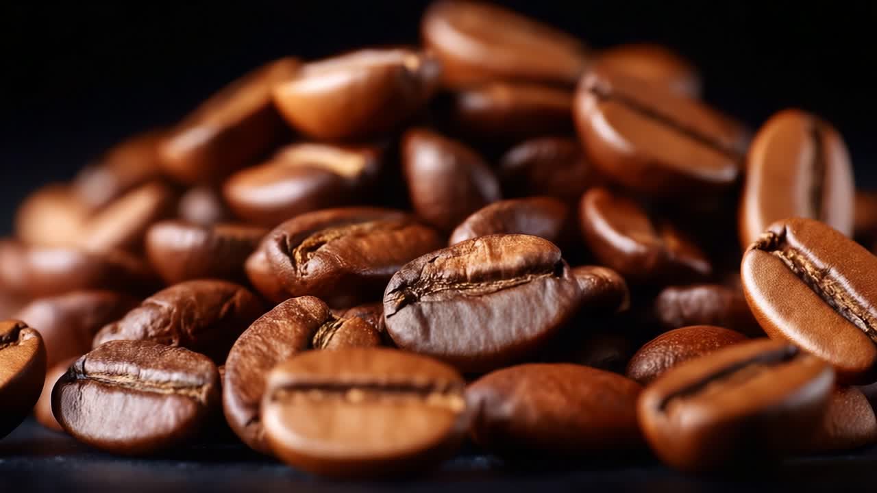 En stor samling af mørkristede kaffebønner stablet sammen, der fremhæver deres blanke overflade og karakteristiske træk i et smukt nærbillede