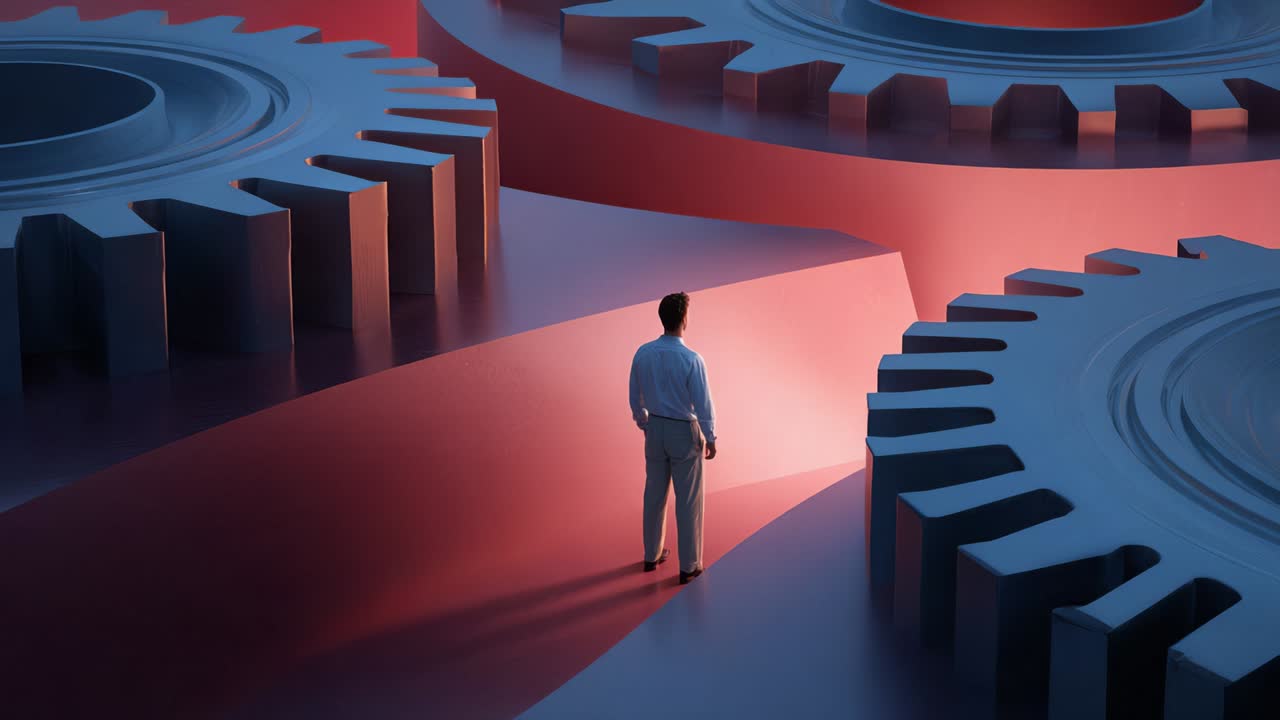 A man walks between giant gears, symbolizing business strategy and success