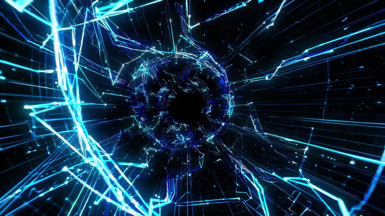 Futuristic video concept with a dynamic, first-person angle, showcasing a vortex of glowing blue