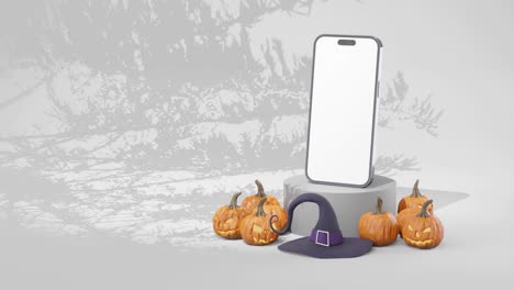 pantalla blanca de modelo de teléfono móvil con decoración festiva de halloween, espacio de copia