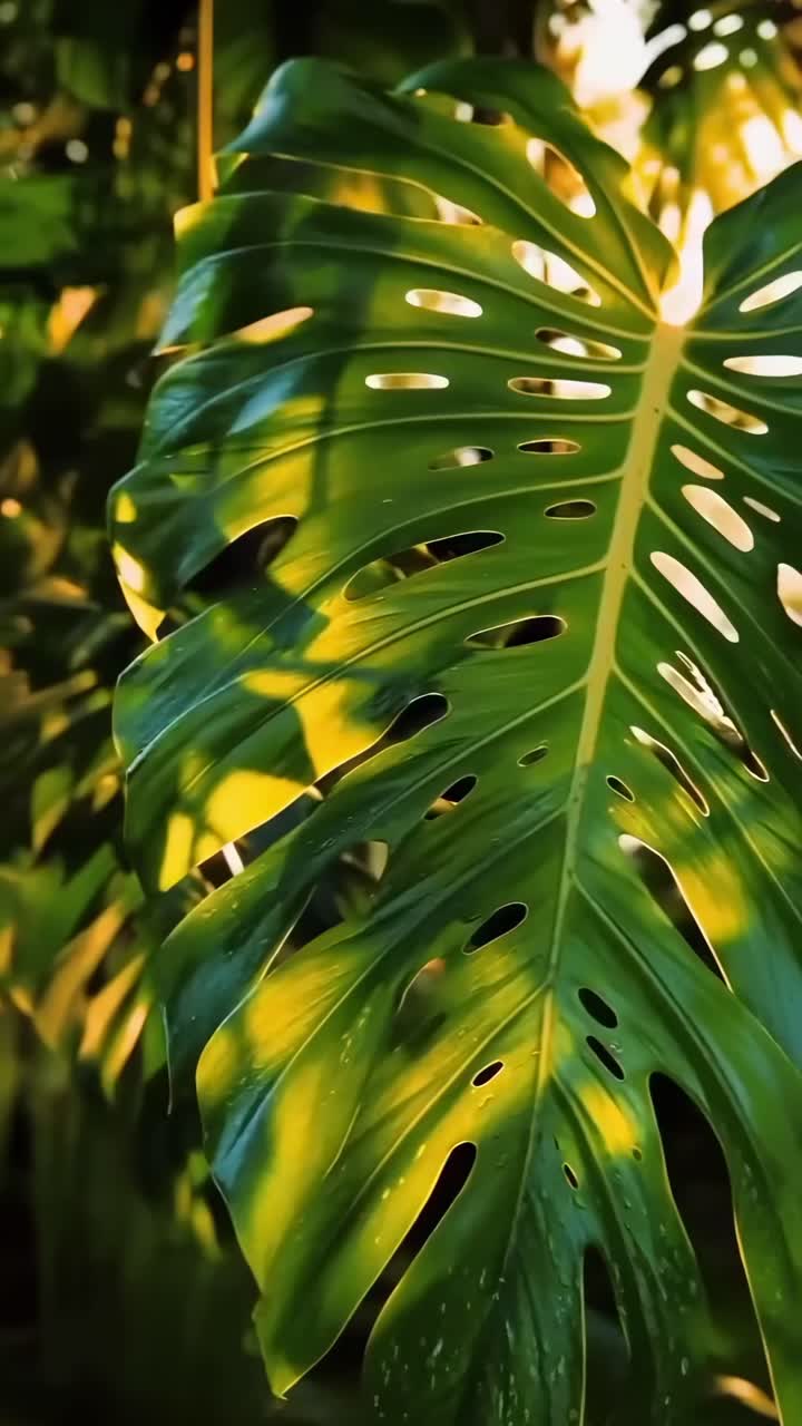 Video ravvicinato di una foglia di Monstera illuminata dal sole, che cattura i verdi vibranti e le texture da un angolo laterale
