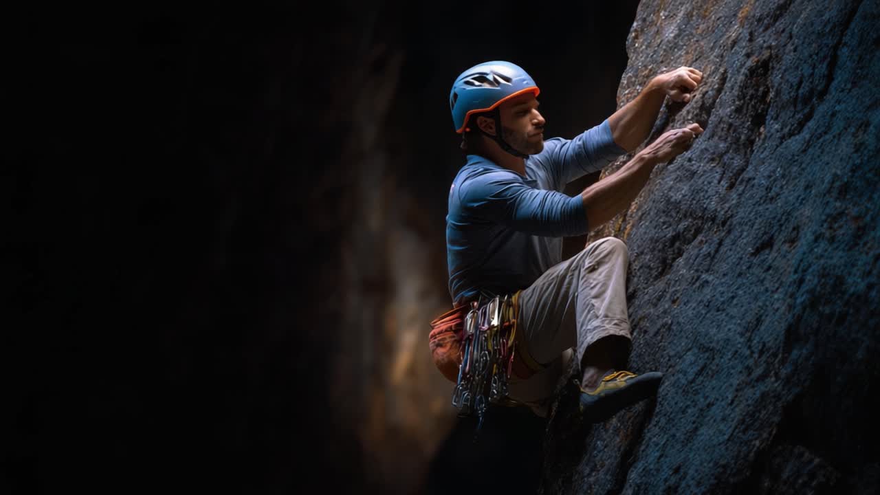 Um alpinista determinado escala uma parede rochosa acidentada, demonstrando perseverança e habilidade em um ambiente externo desafiador, repleto de sombras e aventura.
