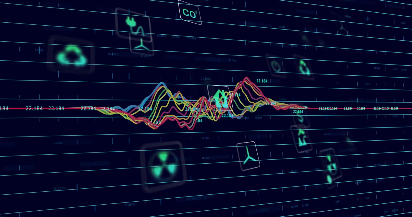 Vertical video: Mid ripple causing color traces rising updating labels teal icons moving for data