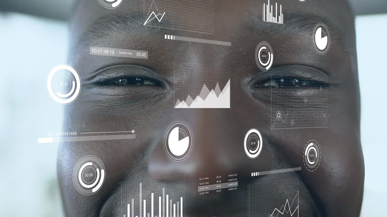 Animation of financial data processing over african american businessman smiling in office