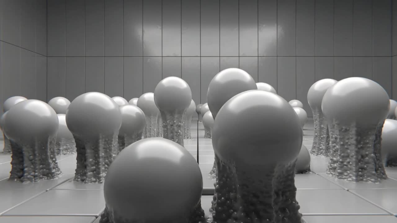 Emerging glossy blobs inflating from bulges along central seam in tiled chamber, growing stalks