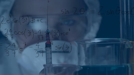 Animation of mathematical equations over female scientist holding syringe