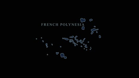 mapa estilizado en azul de la polinesia francesa con la capital de papete y las coordenadas geográficas en fondo negro