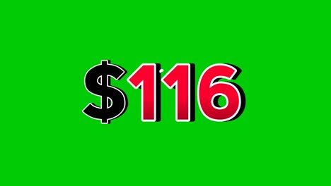 Green screen animation of a "$116 " price in a speech bubble. Perfect for sales, ads, or promo videos. Easy to use and customize in your projects video element