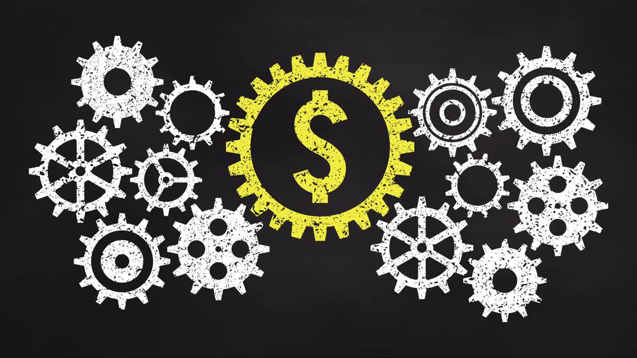 concepto de mecanismo de engranajes de negocio en la pizarra. icono amarillo del signo del dólar