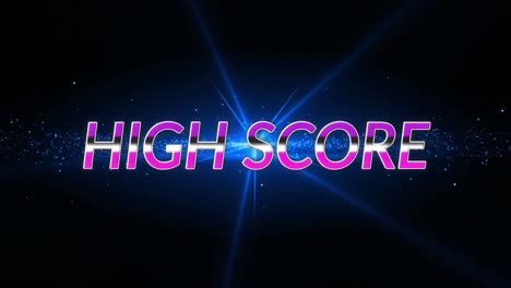 Animation-of-high-score-text-over-light-trails-and-spots-on-black-background