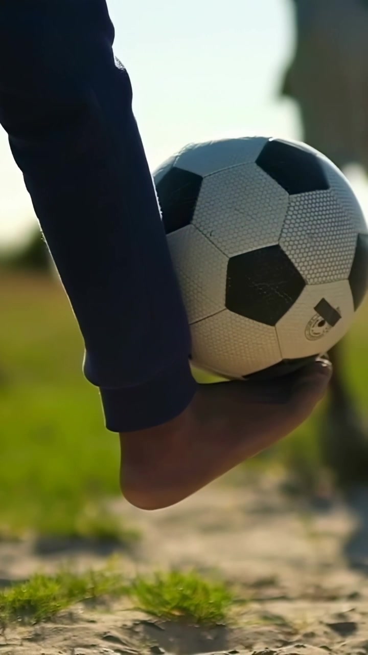 Vertikal video: Teenager i bukser med opsmøg tæmmer fodbold på sand for at spille, med plads til tekst