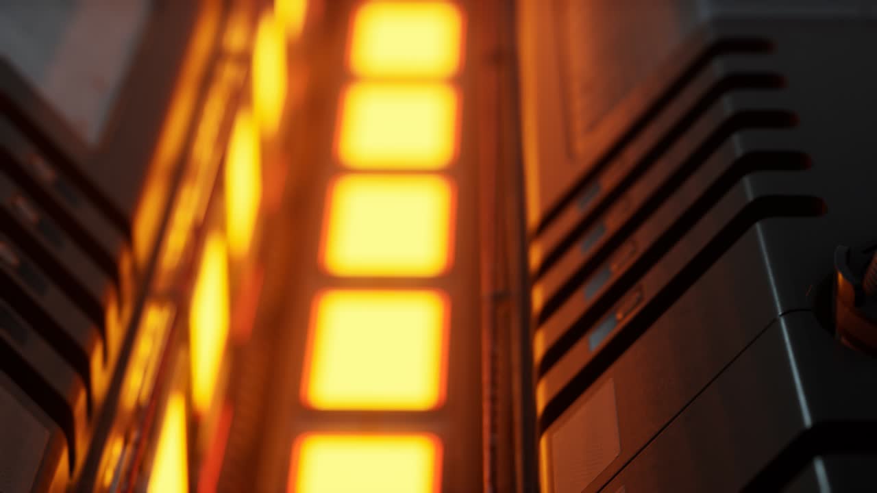 luces amarillas y paneles metálicos en un interior futurista