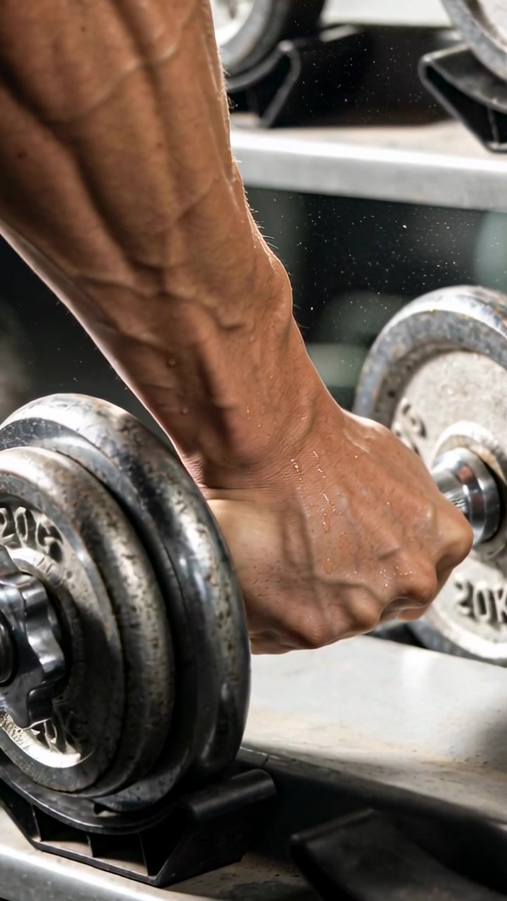 Video vertical: Tocando el antebrazo y la mano agarrando una mancuerna en el gimnasio, preparándose para levantar, disco de 20 kg.