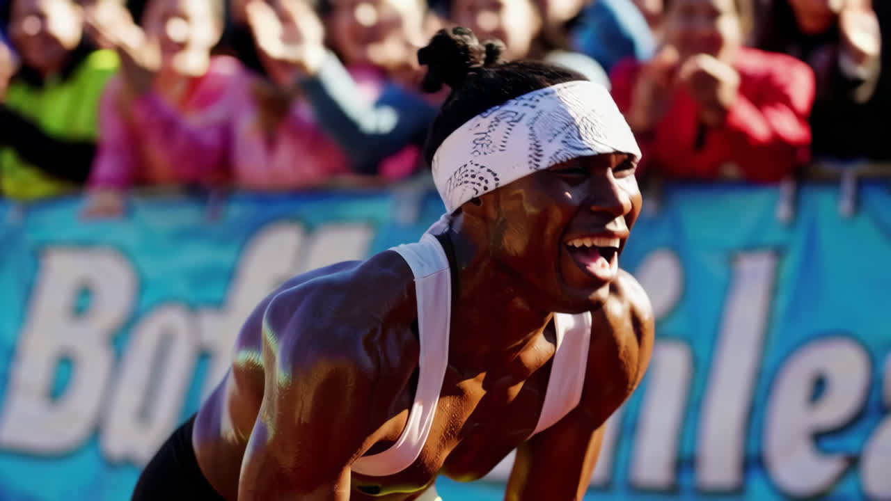 마라톤 에서 승리 를 축하 하는 달리기 선수