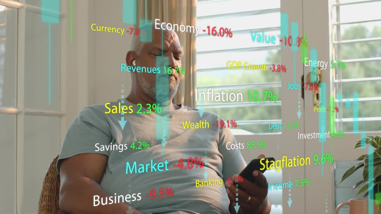 Senior man hearing market alert, opening eyes, checking phone while overlaid charts updating