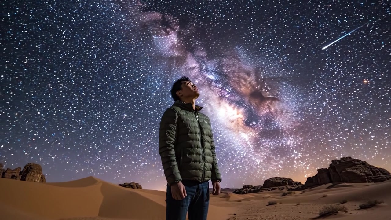 En stjärnskådare i vördnad: Förundras över universums oändlighet under en hisnande Vintergatan-himmel i ett fridfullt ökenlandskap
