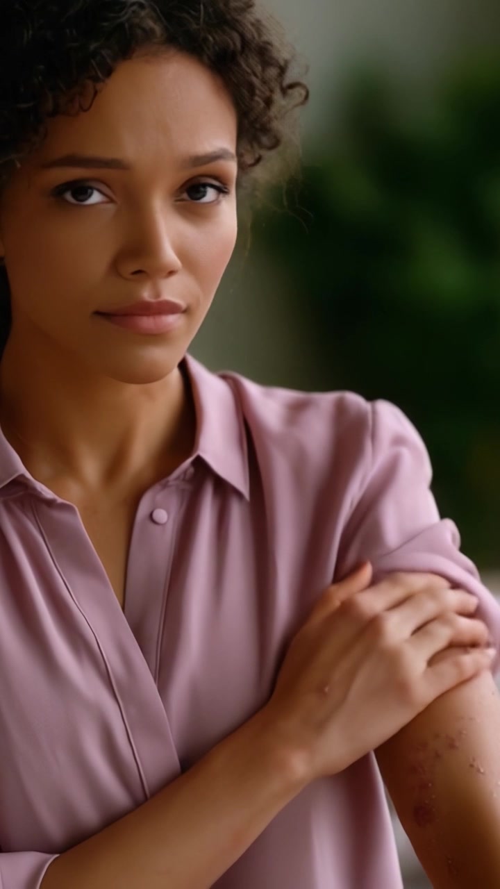 A woman reflecting thoughtfully while examining her arm, showcasing emotion and resilience in a quiet moment filled with introspection and vulnerability.