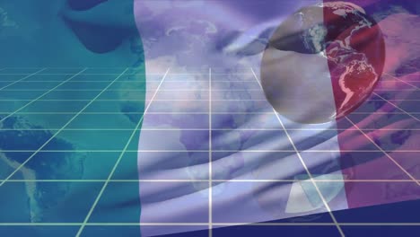 animación de la bandera móvil de italia sobre el procesamiento de datos y el globo