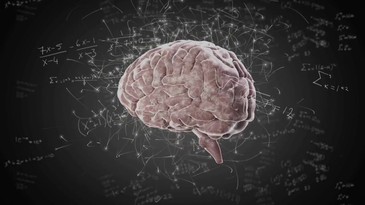 3D brain model appearing triggers rotation with pulsing lines and chalk equations visualizing math
