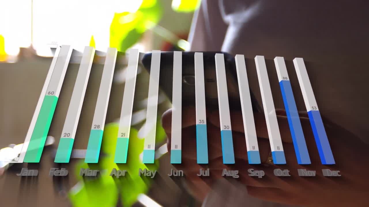 카우카스 여성의 손 위의 그래프의 애니메이션 스마트폰을 사용하여 복사 공간