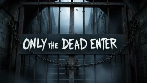 dark, eerie gate with ominous sign, showcasing a haunting atmosphere of foreboding entry