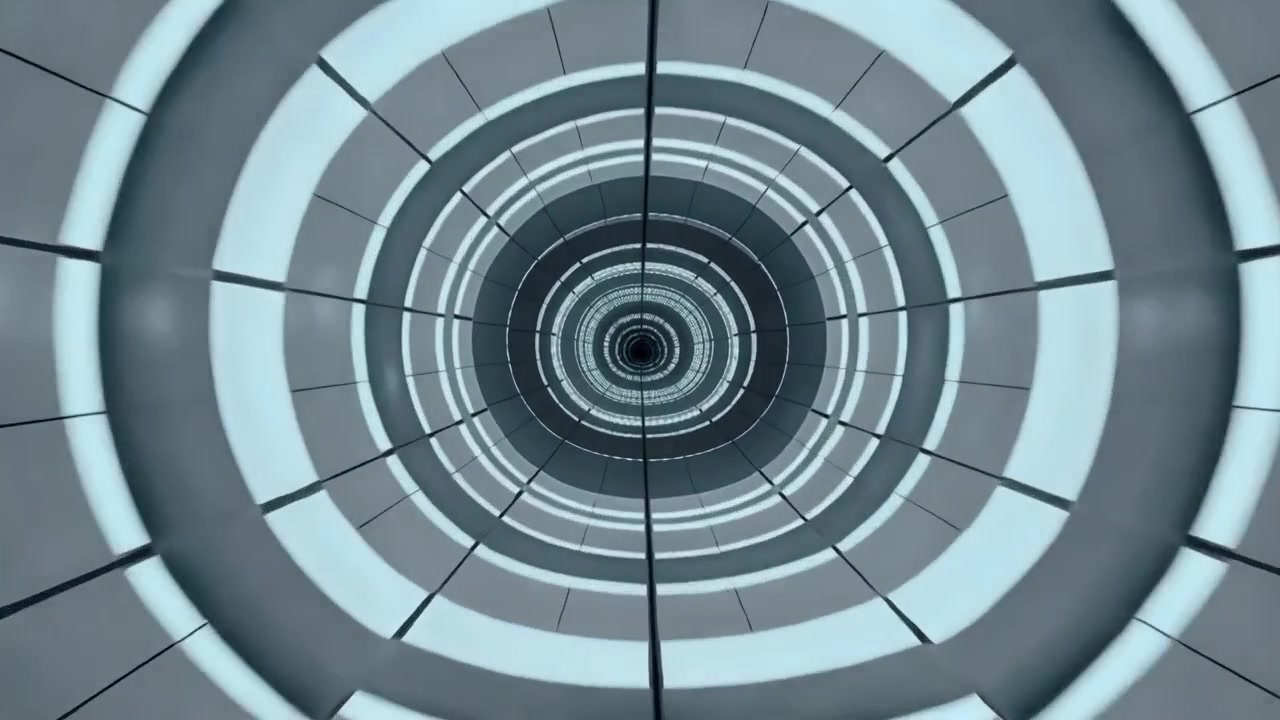 Zoom in einen ringförmigen Tunnel in einem Metallschacht, Szenen zeigen LED-Streifen, deren Nähte in einem Fluchtpunkt verschwinden.