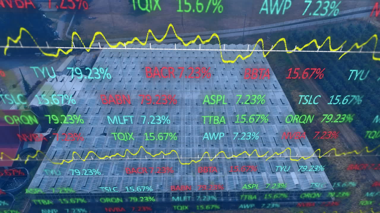 Animation of stock market graphs overlaying large industrial building exterior