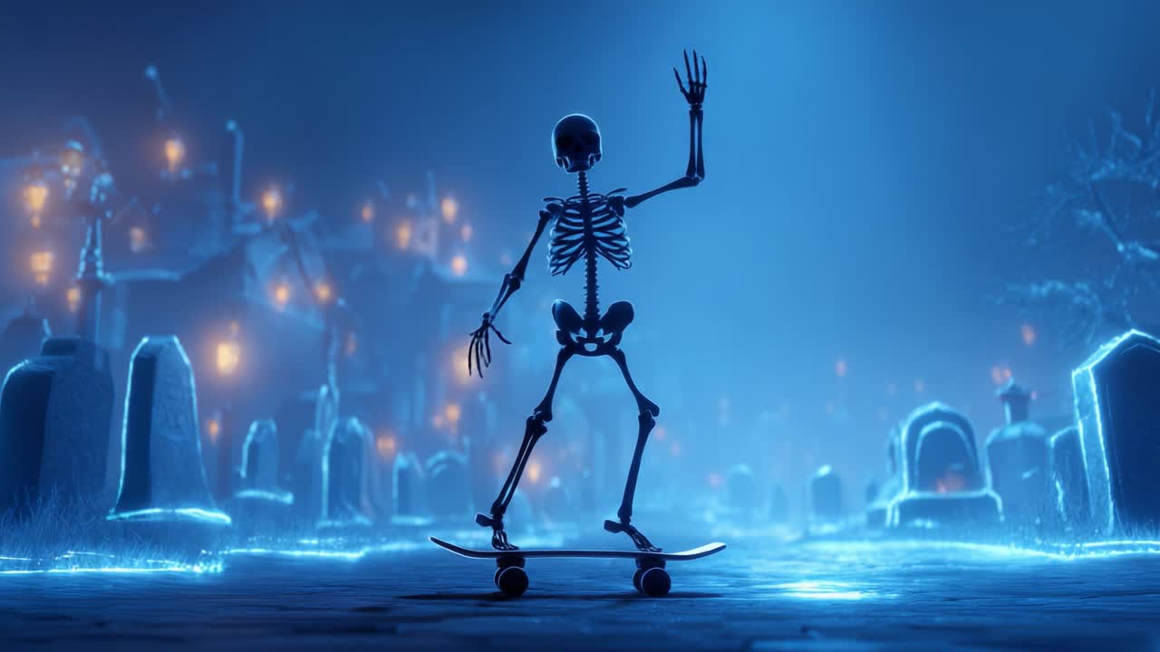 A Skeleton Skater Gliding Through a Mysterious Graveyard at Night, Illuminated by Ethereal Blue Lights and Surrounded by Hauntingly Beautiful Gravestones