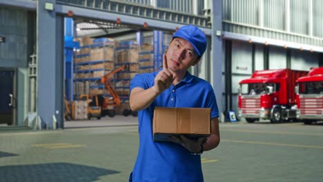 asian male courier in blue uniform showing no gesture while delivering a carton, outside of logistics distributions warehouse
