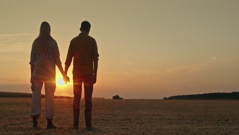 pareja viendo la puesta de sol sobre un campo