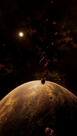 a planet in space with asteroids, a nebula, and a sun in the background