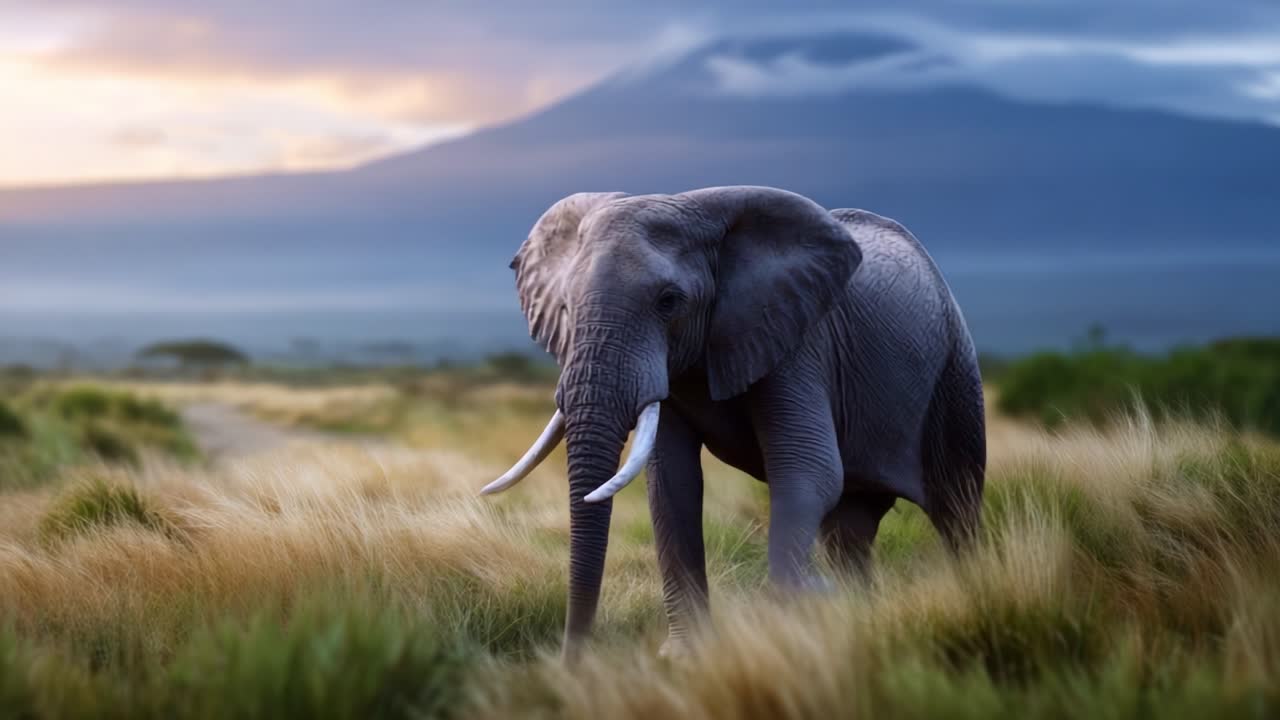 Majestætisk elefant vandrer gennem frodige græsarealer med en betagende bjergkulisse ved solnedgang, der indfanger skønheden af dyrelivet i naturen