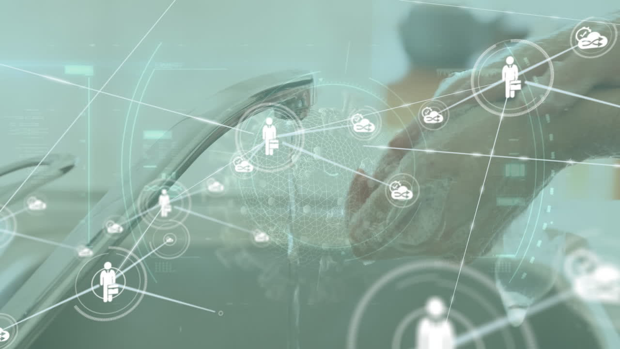 백인 여성이 비누로 손을 는 것에 대항하여 장갑 위에 연결된 아이콘의 애니메이션