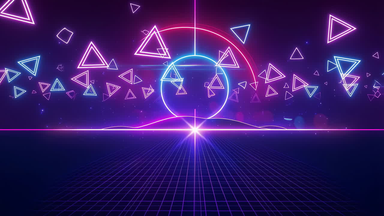 Griglia sci-fi retrò al neon con triangoli luminosi